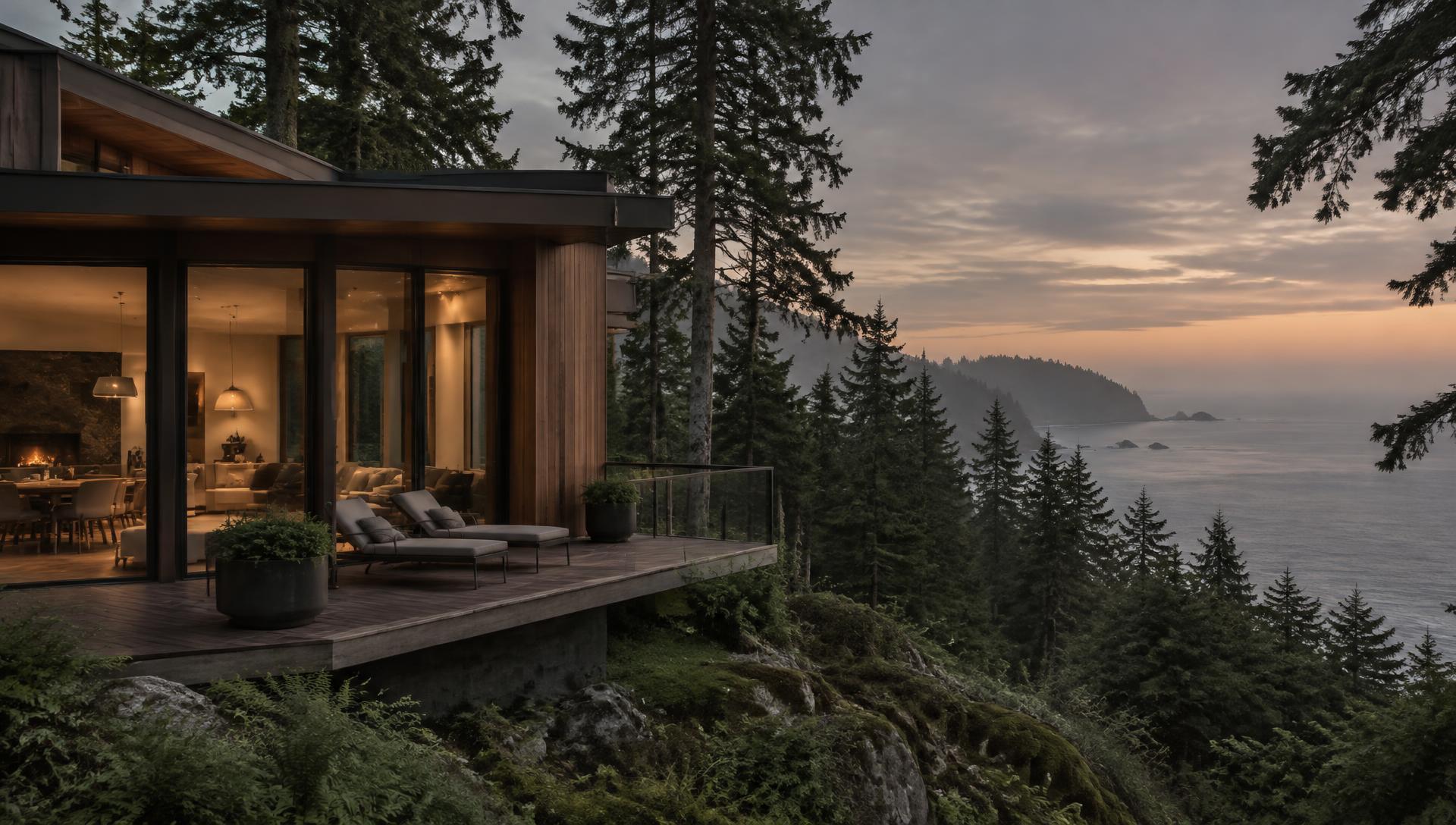 A contemporary West Coast home set among evergreens above the ocean at dusk